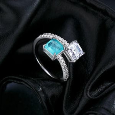 Sterling Silver Square Lab Paraiba Tourmaline CZ Ring For Women